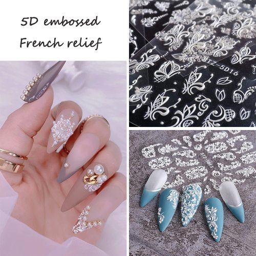 French Nail Art Sticker Decals 5D Embossed French Pattern Roses White Nail Art Accessories Self-Adhesive Nail Art Supplies Decoration Retro Classic Acrylic Nails Design, 8 Sheets