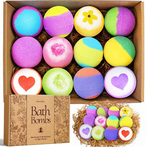 SeasonBliss Bath Bombs for Women, 12 Pack Handmade Bubble Shower Bombs Set, Bath Bomb with Shea Butter & Individually Wrapped, Stocking Stuffers, Amazing Present for Her/Him, Wife, Girlfriend, Mother