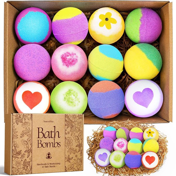 SeasonBliss Bath Bombs for Women, 12 Pack Handmade Bubble Shower Bombs Set, Bath Bomb with Shea Butter & Individually Wrapped, Stocking Stuffers, Amazing Present for Her/Him, Wife, Girlfriend, Mother