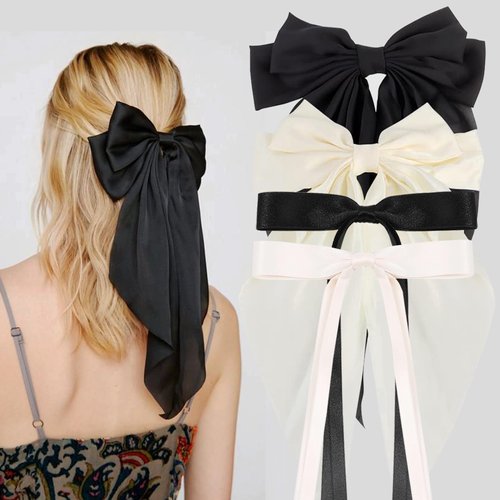 UVANKAUP 4 Pcs Hair Clips for Women Girls - Silky Satin Big Bows Clips - Black/White Bow Hair Barrettes - Tassel Hair Ribbons Bows with Oversized Long Tail - 2 Style