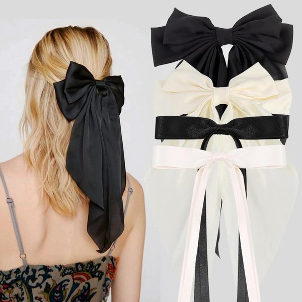 UVANKAUP 4 Pcs Hair Clips for Women Girls - Silky Satin Big Bows Clips - Black/White Bow Hair Barrettes - Tassel Hair Ribbons Bows with Oversized Long Tail - 2 Style