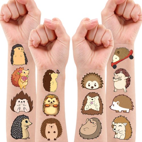 Cute Hedgehog Temporary Tattoos 10 Sheets 100 PCS Hedgehog Party Decorations Favors Supplies Theme Birthday Stickers Gifts for Boys Girls Kids Class School Prizes Carnival Christmas