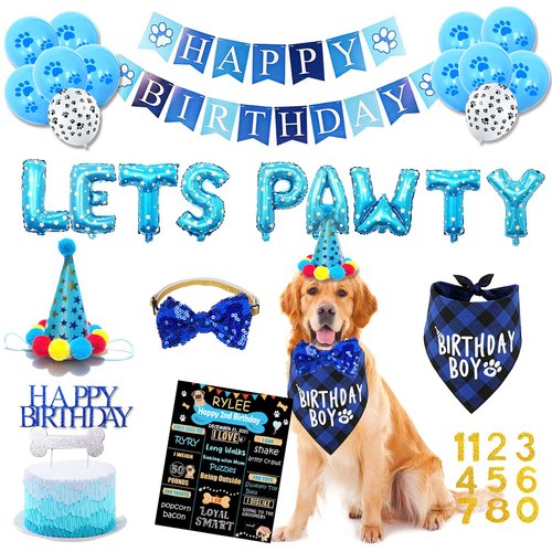 Dog Birthday Party Supplies, Dog Birthday Decorations Boy, Lets Pawty Balloons Banner, Dog Birthday Bandana, Dog Birthday Boy Hat Scarfs