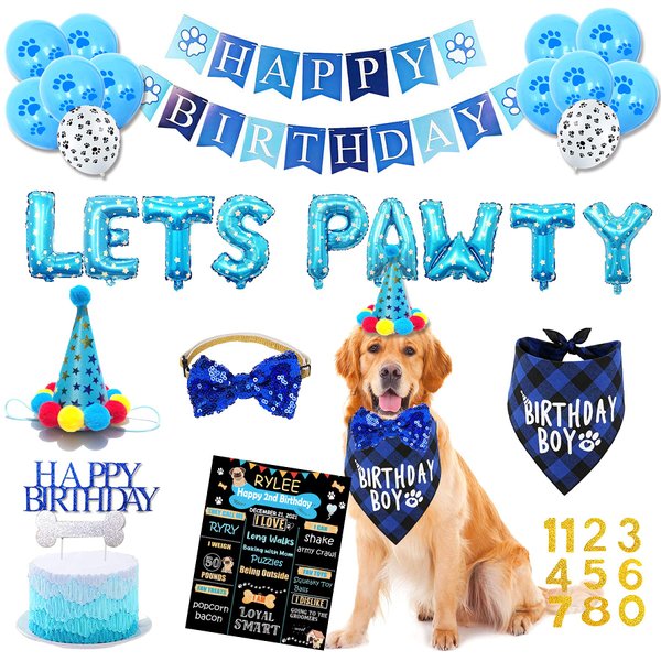 Dog Birthday Party Supplies, Dog Birthday Decorations Boy, Lets Pawty Balloons Banner, Dog Birthday Bandana, Dog Birthday Boy Hat Scarfs