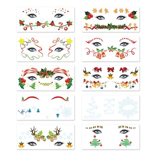 Christmas Face Temporary Tattoos,10 Sheets Christmas Makeup Cute Santa Claus Snowman Deer Face St...