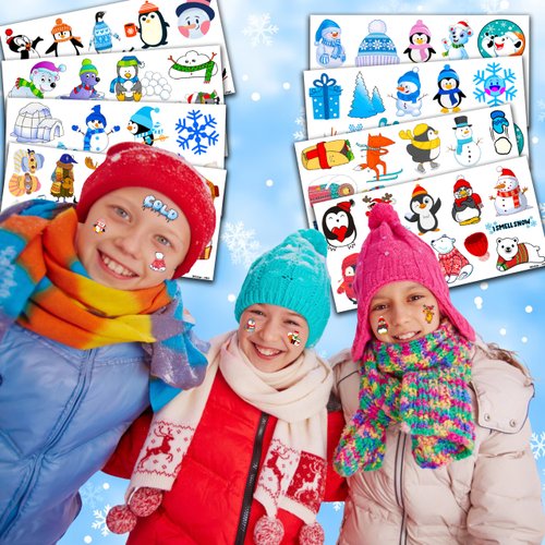 Winter Temporary Tattoos Theme 1st Birthday Party Decorations Supplies Favors 96PCS Cute Penguin Snowman Snowflake Polar Bear Tattoo Stickers Gifts for Kids Girls Boys School Prizes Carnival Christmas