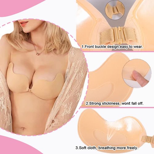 Invisible Sticky Bra Strapless Self Adhesive Bra Push Up Adhesive Bra for Women 2 Pairs (B) Nude