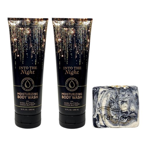 Bath & Body Works Into The Night 2 Pack Moisturizing Body Wash Bundle with a Charcoal Scrub Bar Soap - Full Size