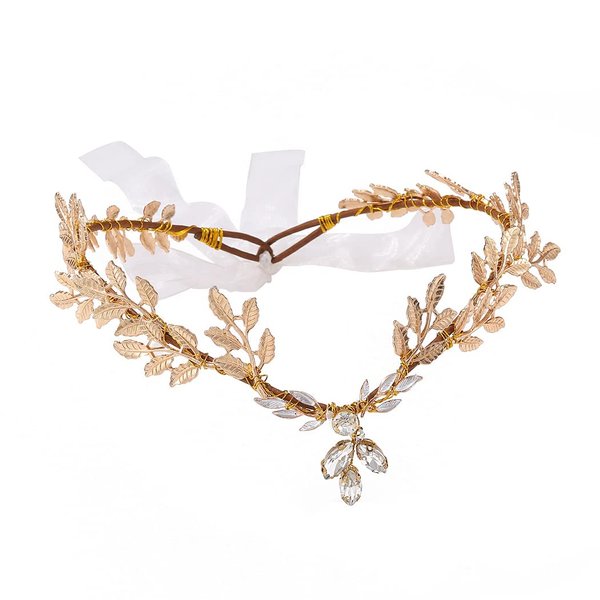 Gortin Elf Headpiece Gold Leaf Crown Rhinestones Fairy Headband V-Shape Hair Tiara Bride Wedding Wreath Headband Renaissance Bridal Hair Acessories Halloween Cosplay Costume Headwear for Women and
