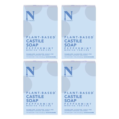 Dr. Natural, Pure Castile Bar Soap, (Peppermint, 4 ounce 8-Bars) - Made with Essential Oils and Shea Butter, Ultra-Moisturizing Body wash, Facial Cleanser or Hand Soap