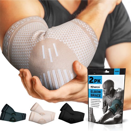 POWERLIX Elbow Brace Compression Support (Pair) - Elbow Sleeve for Tendonitis, Tennis Elbow Brace and Golfers Elbow Treatment, Arthritis, Workouts, Weightlifting – Reduce Elbow Pain (Beige, M)