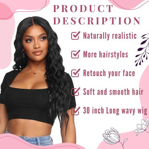 Long Black Wigs for Women 30 inch Long Wavy Wig Middle Part Body Wave Wig Natural Looking Heat Resistant Synthetic Full Curly Hair Wigs for Christmas Gifts Cosplay Daily Party (30",1B)