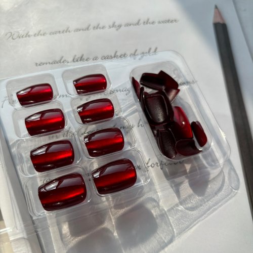 Red Press on Nails Short Fake Nails Square False Nails with Designs Cat Eye Designs Glue on Nails Red Stick on Nails Full Cover Cute Acrylic Nails Glossy Artificial Nails for Women Nail DIY