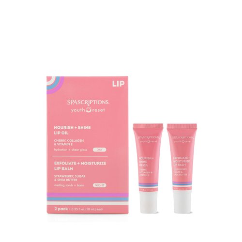 2 Tubes: Nourish + Shine Lip Oil Cherry, Collagen & Vitamin E and Exfoliate + Moisturize Lip Balm Strawberry, Sugar & Shea Butter 0.35 oz