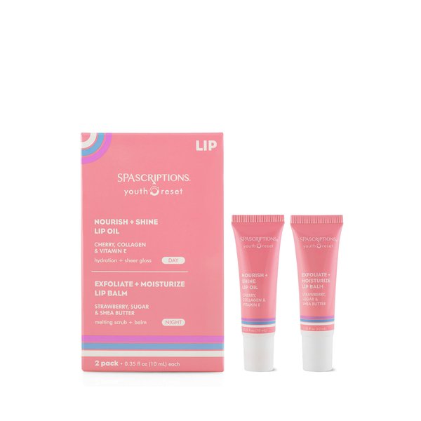 2 Tubes: Nourish + Shine Lip Oil Cherry, Collagen & Vitamin E and Exfoliate + Moisturize Lip Balm Strawberry, Sugar & Shea Butter 0.35 oz
