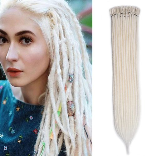 Kyriena 24 Inch 7PCS Single Clip in Dreadlock Extensions, Pearl White Clip in Fake Dreads Thin 0.6cm Hair Extensions, Reggae Hippie Synthetic Single End Dreadlocks for Women