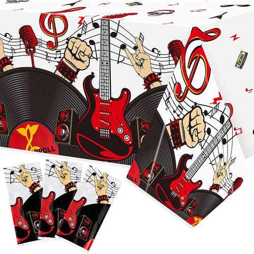 BeYumi 3Pcs Rock and Roll Party Tablecloths 1950's Rock Star Guitar Disposable Plastic Waterproof Rectangular Table Covers for 50s 60s Born to Rock Music Theme Birthday Party Decorations Supplies