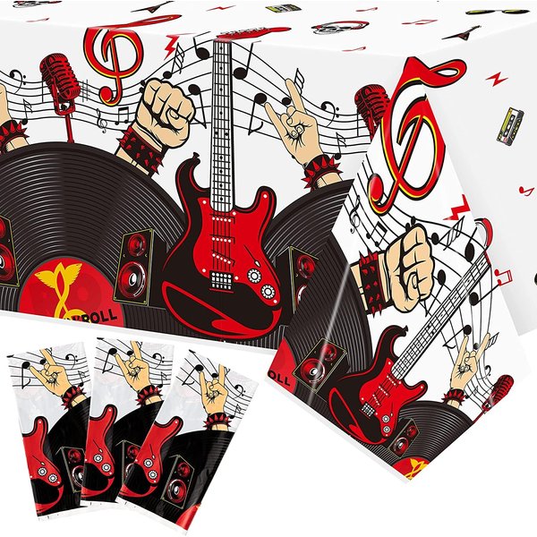 BeYumi 3Pcs Rock and Roll Party Tablecloths 1950's Rock Star Guitar Disposable Plastic Waterproof Rectangular Table Covers for 50s 60s Born to Rock Music Theme Birthday Party Decorations Supplies