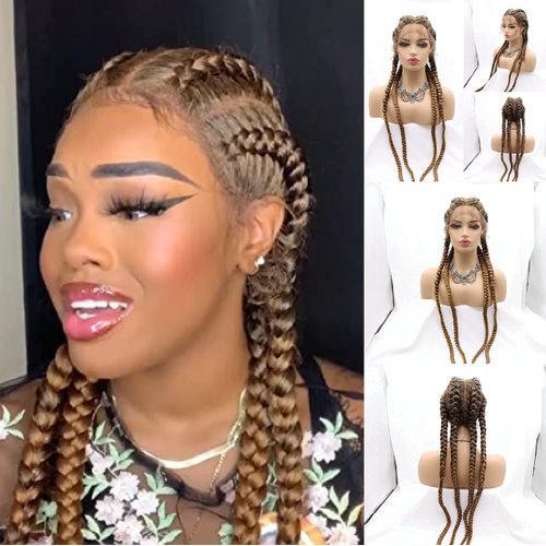 4 Twist Hand Braided Lace Front Wigs 32 Inches 1B# Black Mixed 27# Wig with Baby Hair 100% Hand-Braided Brown for Women (32 Inch)