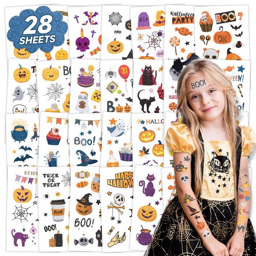 EMOME 260+ Styles Glitter Kids Tattoos Temporary for Halloween Party Favors, Halloween Stickers Temporary Tattoos Pumpkin Ghosts, Fake Glitter Tattoos for Kids Boys Girls (28 Sheets)