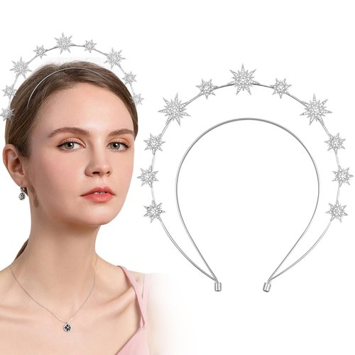 Aswewamt Silver Star Halo Crown Crystal Goddess Headband Rhinestone Halo Wedding Tiara Glitter Bridal Hair Band Headpiece Accessories for Women Girls