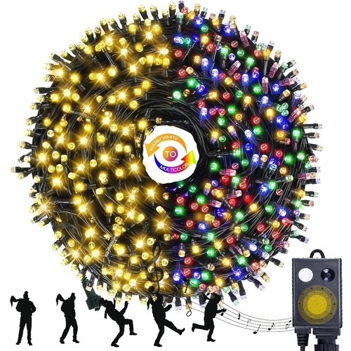 Music Motion Sensor Color Changing Christmas String Lights, 110FT 400 LED Warm White Multicolor Christmas Tree Lights, End-to-End Plug in Waterproof for Indoor Outdoor Party Yard Room Decor