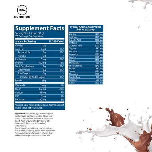 MRM Nutrition Egg White Protein | Vanilla Flavored | 23g Fat-Free Protein | with Digestive enzymes | Highest Biological Value | Clinically Tested | 20 Servings