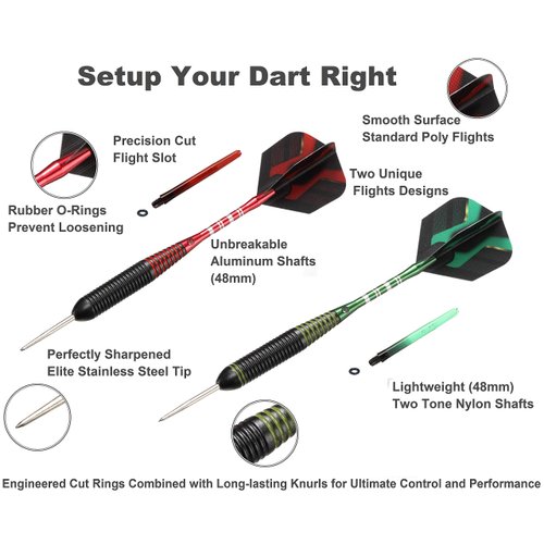 6pc Steel Tip Darts Set - Professional Darts Steel Tip for Dartboard - Includes Barrels + Plastic / Aluminum Shafts + O'Rings + Flights + Sharpener + Wrench (20g Red/ 22g Green -10422)
