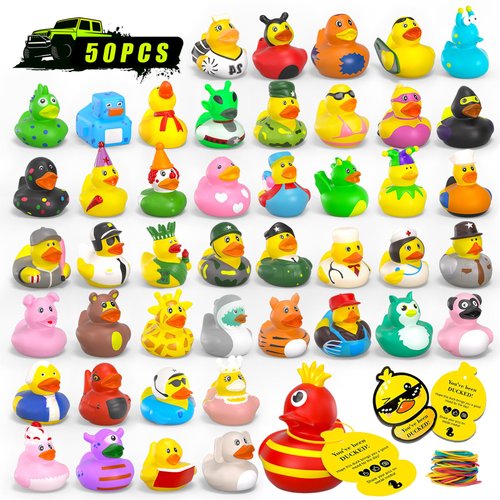 150Pcs Jeep Ducks with Tags for Ducking,50 Rubber Ducks+50 Tags+50 Straps,Toddler Baby Bath Toys Valentine's Day Classroom Exchange Party Favors Pool Activity Cruise Ducks