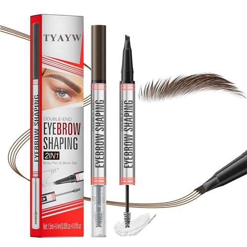 2-in-1 Microblading Eyebrow Pen With 4-Fork-Tip Brow Pen + Sealing Brow Gel, Waterproof Eyebrow Makeup Pencils for Natural Hair-Like Brows, Christmas Gift for Mom Wife or Girlfriend, Dark Brown