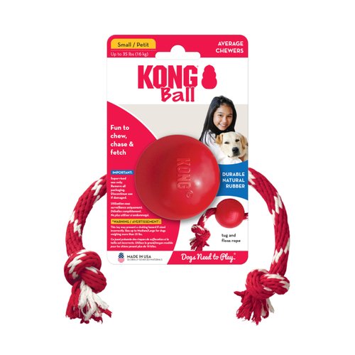 KONG Ball with Rope - Dog Fetch Toy with Rope for Easy Throwing - Durable Dog Ball Toy for Tug, Playtime & More - Natural Rubber Ball Rope Toy for Dogs - Red, For Small Dogs