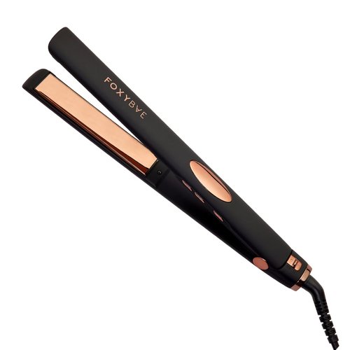 FoxyBae Trés Sleek Titanium Flat Iron Hair Straightener - Frizz-Free, Shinier & Smoother Hair - Dual Voltage Hair Styling Tools - w/LCD Display, Temperature Control, Auto Shut-Off 1" [Black Rose-Gold]
