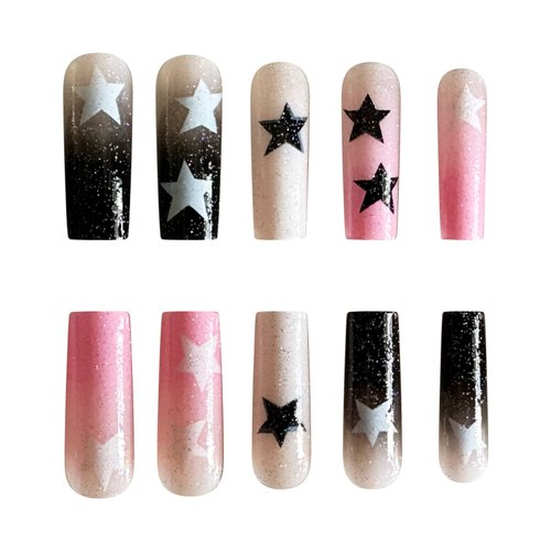 BABALAL Square Press on Nails Long Fake Nails Black Pink Glue on Nails Y2K Star Glitter Acrylic Nails 24pcs Shiny Squoval Stick on Nails for Women and Girls