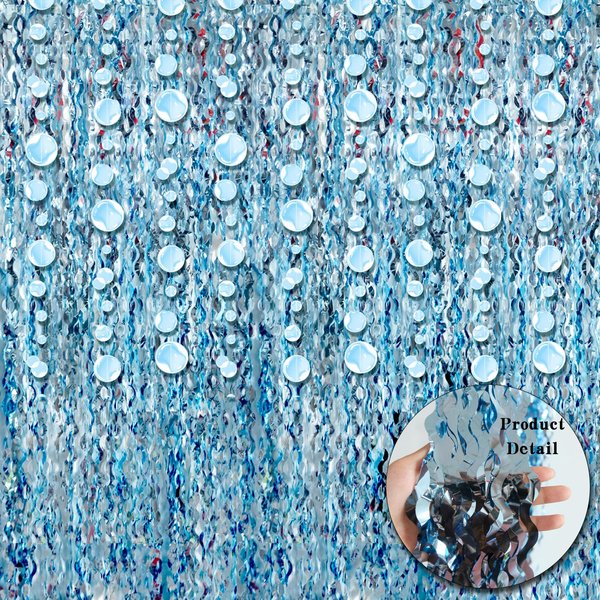 Blue Wave Shaped Streamers Ocean Themed Tinsel Foil Fringe Curtain with Bubble Garlands for Beach Under The Sea Party Decorations (3.3 feet Curtain 3 Bubble Garlands)