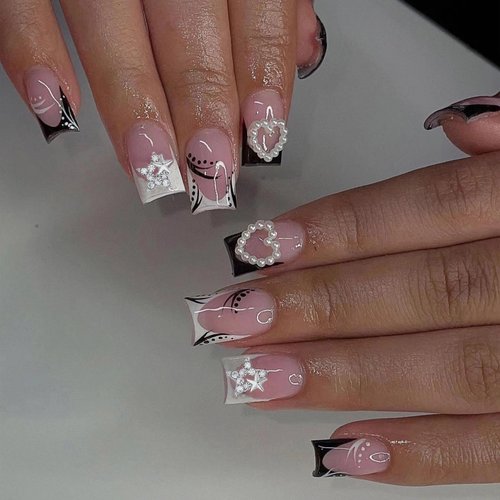 MERVF Short Square Press on Nails French Tip Black Fake Nails with Charms Squoval Glue on Nails Press ons Heart Star Acrylic Nails with Y2K Design 24pcs Glossy