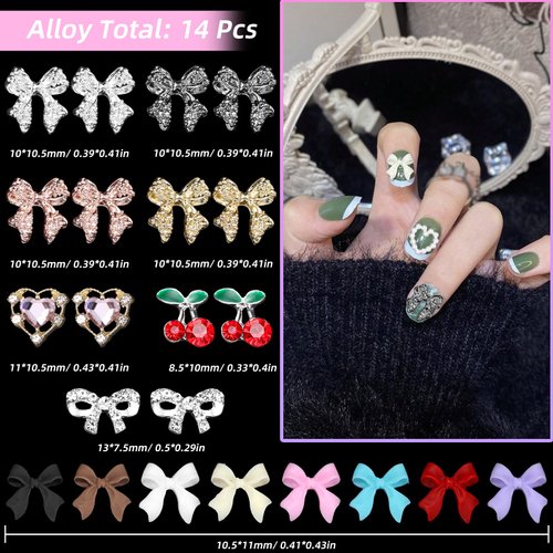 3D Bows Nail Charms Gems, Heart Cherry Bowknot Alloy Nail Gems, Pink Color White Red Black Pearls Nail Bow Charms for Acrylic Nails, Bowknot Nail Jewelry Charms for Nails Art Decoration DIY