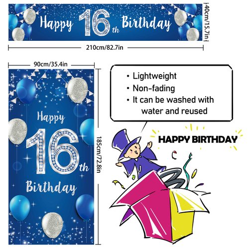 Happy 16th Birthday Door Cover Porch Banner Sign Set - 16 Years Old Birthday Decoraions Party Supplies for Men - Blue