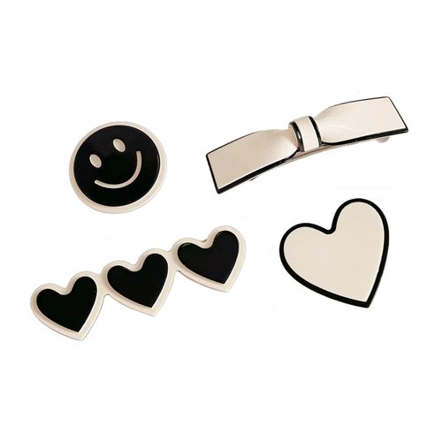 Rugelyss 4 Pcs Black White Smiling Love Hairpin Simple Side Clip Bangs Clip, Handmade Hair Barrettes, Alligator bobby pins, Glitter Crystal Hairpin