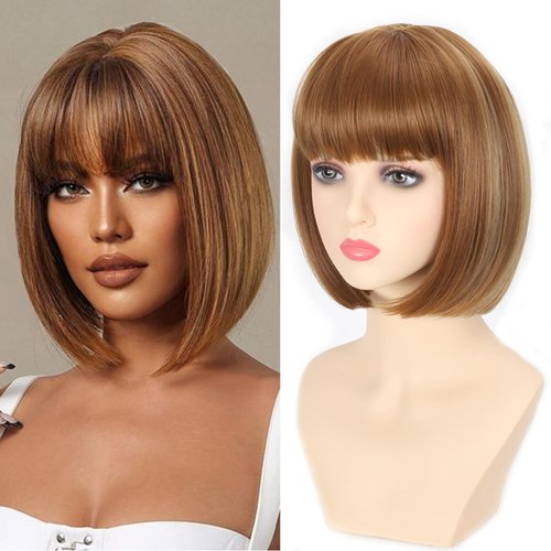 Refined Short Bob Wigs With Bangs 12 inch Straight Synthetic Cosplay Party Wig For Women Daily Use Colorful Hair Wigs (27/613, 12 Inch)