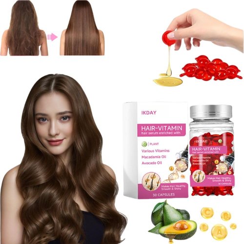IKDAY Hair Treatment Serum- Hair Vitamin Oil Capsules- Keratin Hair Treatment with Avocado & Argan Oil, Vitamins A C E Pro B5 Hair Styling Serum for Frizzy & Dry - no Rinse Conditioner(Red-1 bottle)