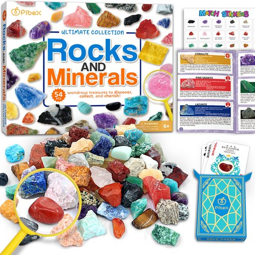 PIBEX Rock Collection Starter Kit - 54 Pcs Assorted Gemstones, Crystals, Rocks & Minerals, with Learning Book & ID Cards, Earth Science Kit Toy, A Geology Gift for Kids & Adults Ages 8+