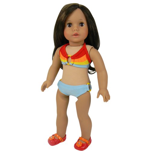 Sophia's Colorful Two-Piece Striped Bikini & Matching Circle Skirt Cover-Up Summer Swim Bathing Suit Outfit for 18” Dolls, Rainbow