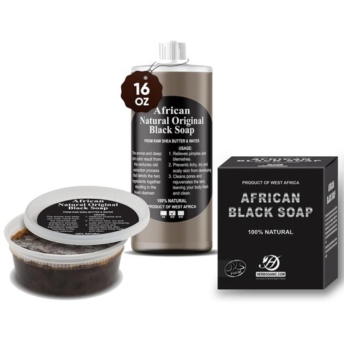 HERBOGANIC African Black Soap Liquid, Paste & Soap Bar,100% Raw Pure Natural From Ghana Face & Body Wash Supports Moisturizing,Dry Skin, Scars and Dark Spots (16 Oz Each)