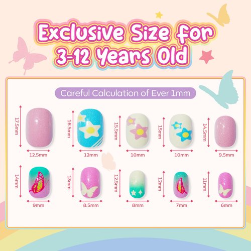 Modelones Press on Nails for Kids 144Pcs 6 Pack Children Acrylic Christmas Fake Nails Pre-glue Full Cover Glitter Gradient Color Starts Unicorn Butterfly Short False Nail Art Kits Sets Gifts