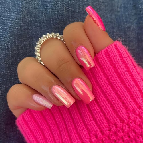 Hot Pink Press on Nails Medium Square Fake Nail Glitter False Nails Full Cover Acrylic Nails with...