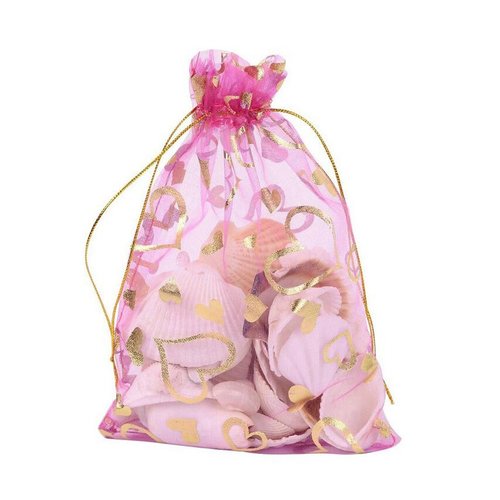 100PCS 5'' x 7''/13cm x 18cm Heart Printed Organza Drawstring Bags Gift Packing Pouches Sample Display Tulle Pockets Wrapper Bathroom Organizer for Candy Jewelry (Rose Red)