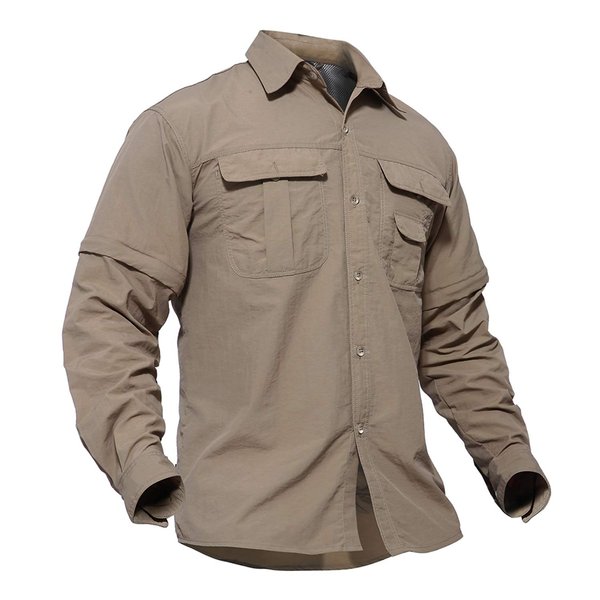TACVASEN Mens Solid Convertible Zipper Sleeve Tactical Short Long Sleeve Shirt Khaki, L