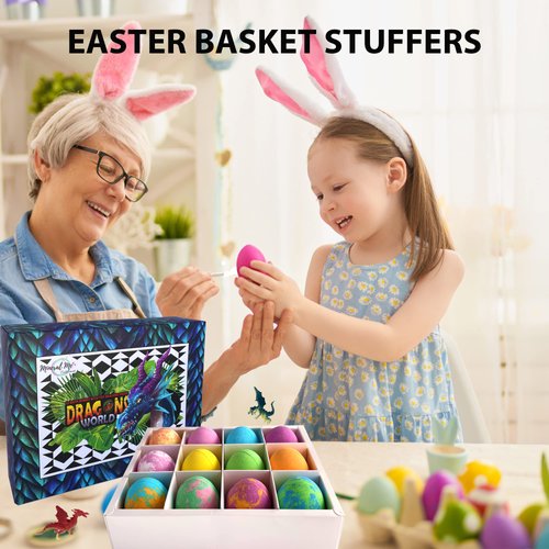 Bath Bombs for Kids with Surprise Inside - 12 Organic Bubble Bath Fizzies with Dragon Egg Toys. Gentle & Kids Friendly Bath Balls. Birthday Gift, Easter Basket Stuffers for Kids, Boys, Girls, Toddler