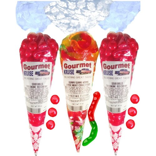 Sour Balls (2) Fire Engine Red Cherry (1) Worms Wild Fruit Assorted Gummi Gummy (NET WT 31 OZ) Gourmet Kruise Signature Gift Bags