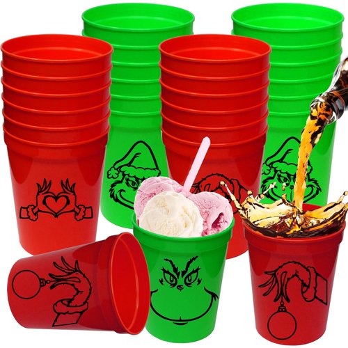 ANYMONYPF 20 Pcs Christmas Party Cups Christmas Party Supplies 12 OZ Christmas Reusable Plastic Cups Christmas Drinking Cups for Christmas Party Favors